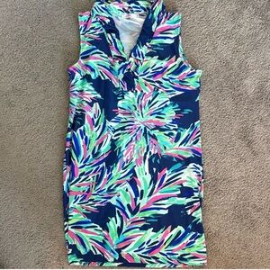 Aryeh Navy Sleeveless Tropical Print Ruffle Neck Dress